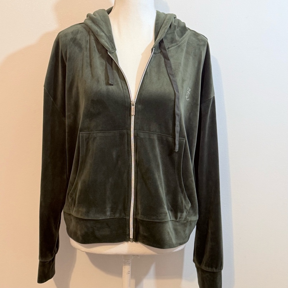 Juicy Couture Green Velour Zip Hoodie Rhinestone Logo — Size XL